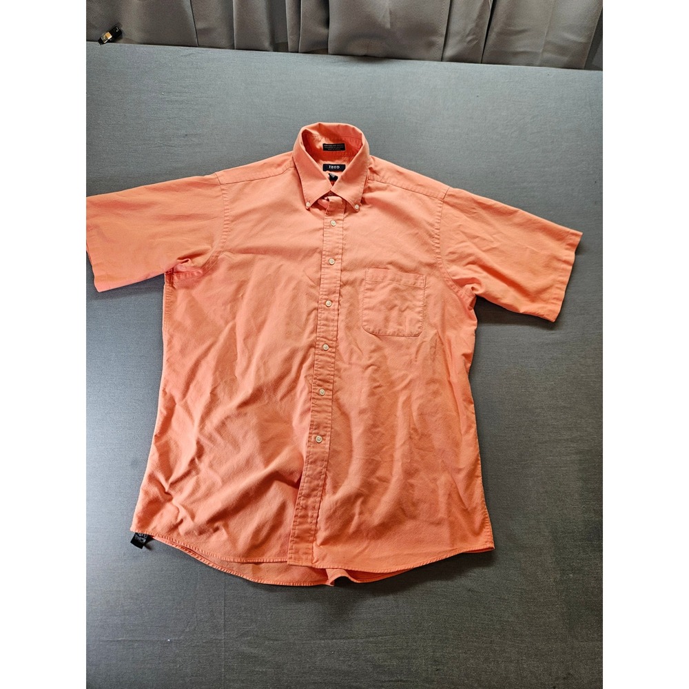 IZOD Mens Peach Orange New England Oxford Short Sleeve Button Down Shirt Large